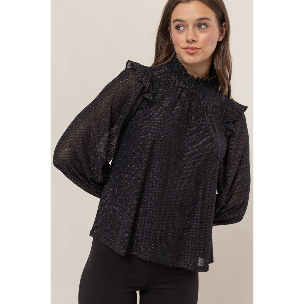 Lurex Mesh Ruffle Blouse