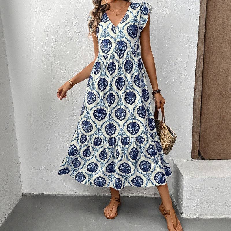 Loose-Fit Deep V-Neck Floral Print Maxi Dress