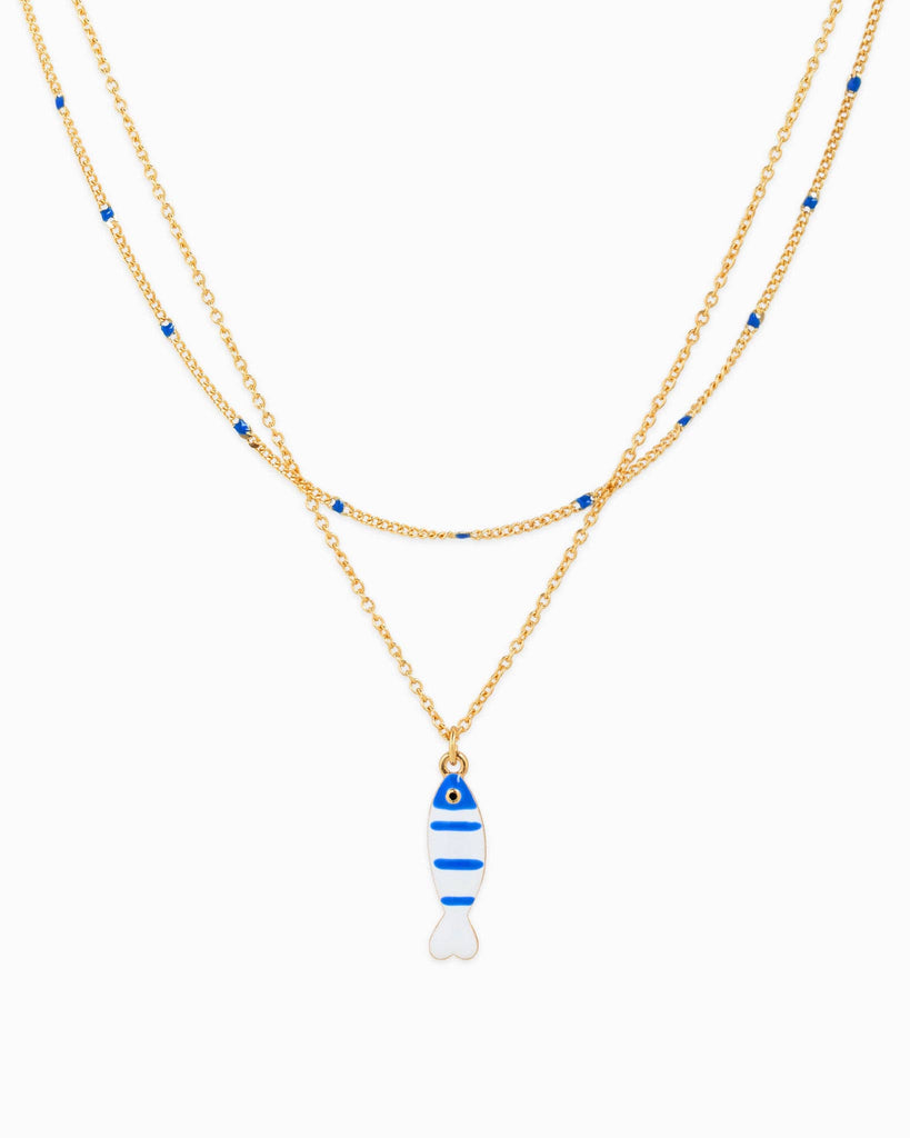 Layered Sea Life Marine Blue Fish Charm Necklace
