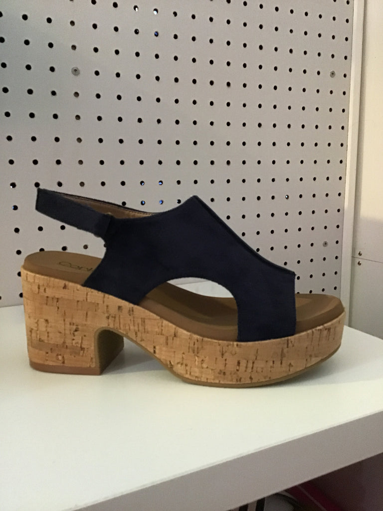 Corky’s navy suede cork heel