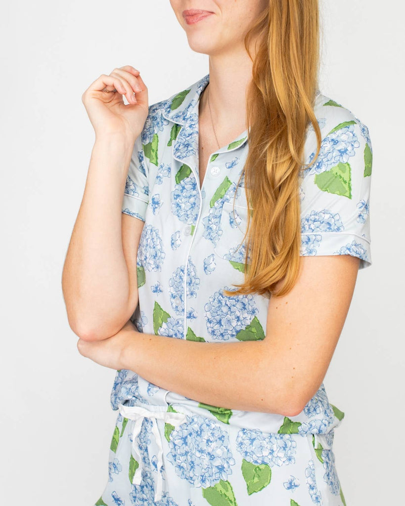 Hydrangea Short Sleeve Button Up Sleep Shirt   Illusion/Blue/Green   -Asst.: Large