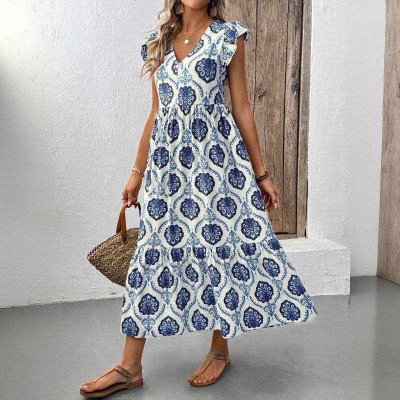 Loose-Fit Deep V-Neck Floral Print Maxi Dress