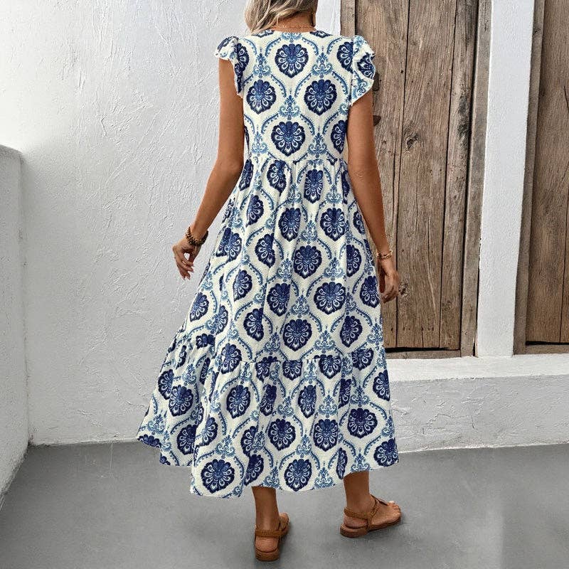 Loose-Fit Deep V-Neck Floral Print Maxi Dress
