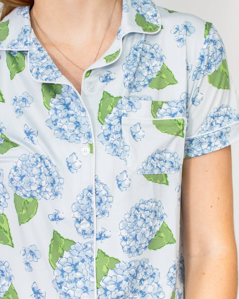 Hydrangea Short Sleeve Button Up Sleep Shirt   Illusion/Blue/Green   -Asst.: Large